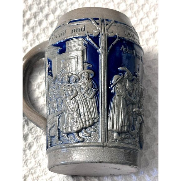 German Stoneware Blue Gray Stein Mug Handle Raised Designs Celebrate - Picture 2 of 7